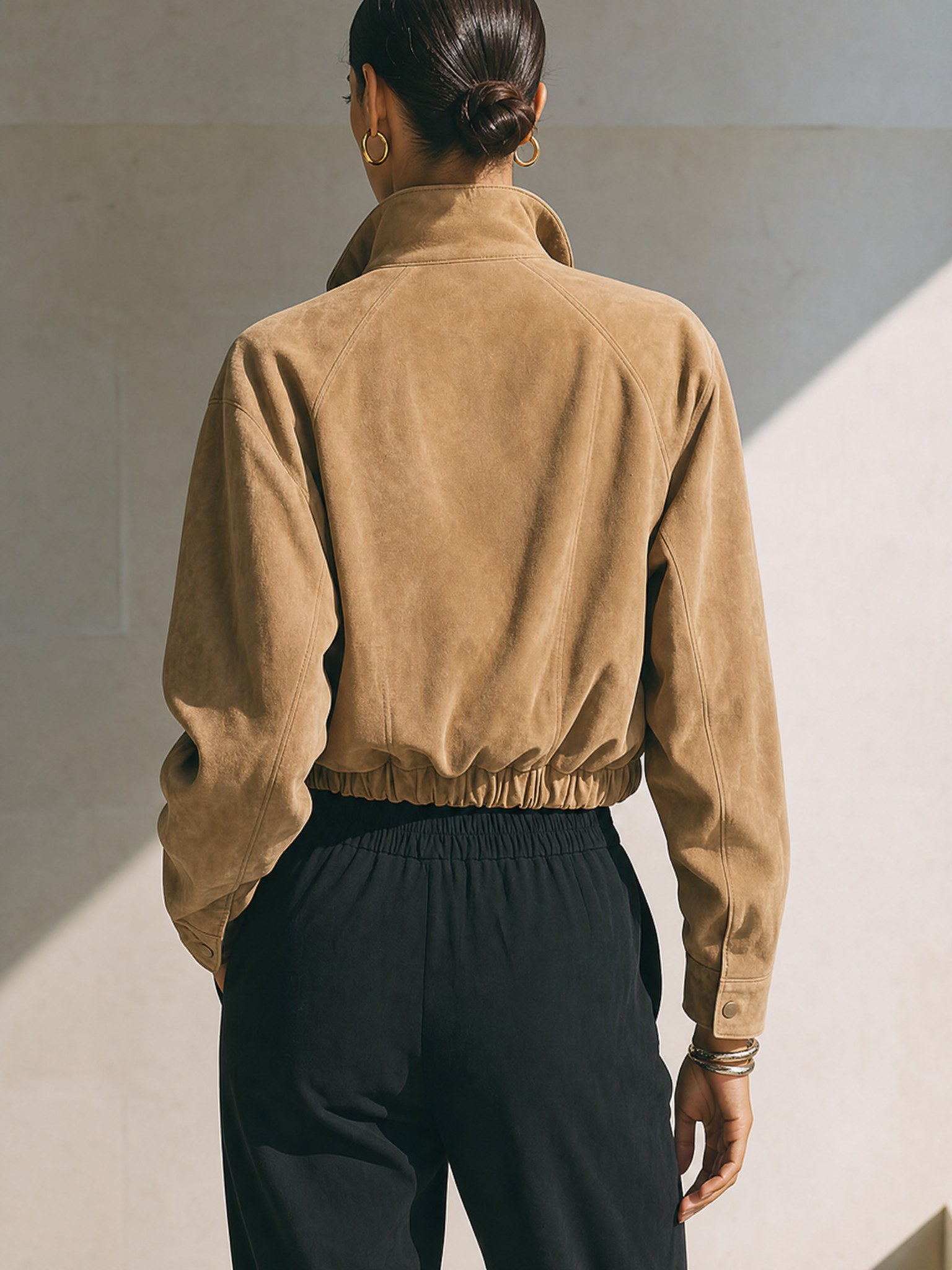 Women's Fashion Cropped Suede Stand‑Collar Zipper Jacket