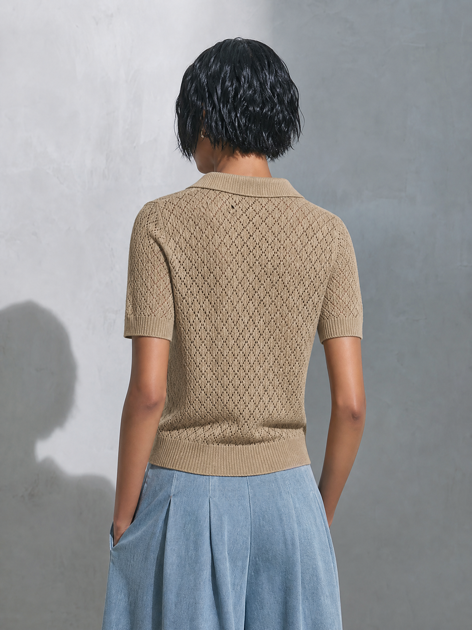 Women's Casual Chic Khaki Open-Knit Polo Short Sleeve Sweater Top