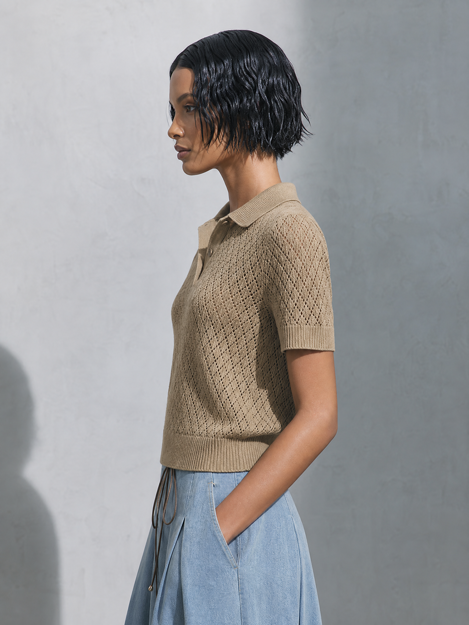 Women's Casual Chic Khaki Open-Knit Polo Short Sleeve Sweater Top