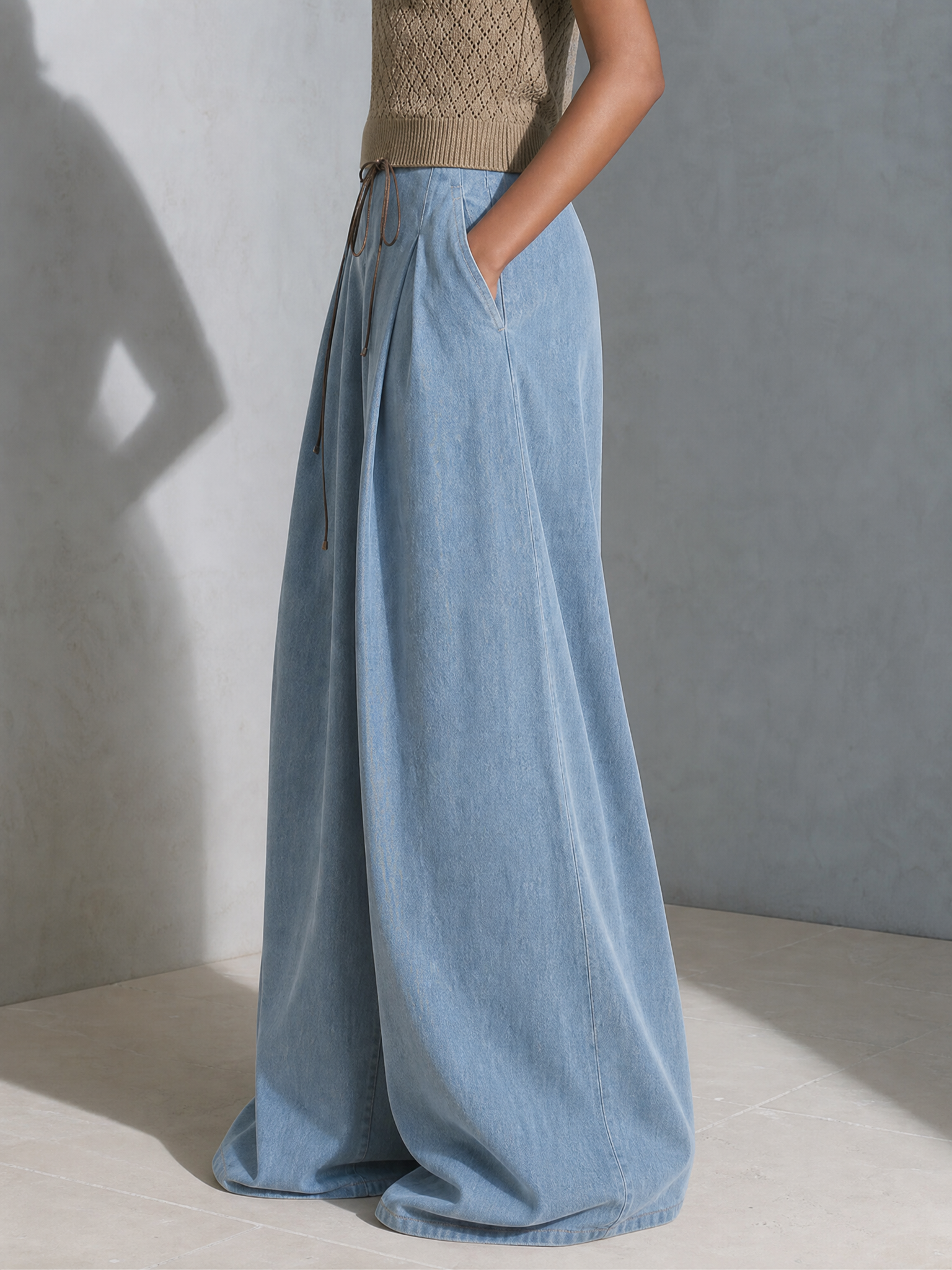 Women's Casual Light Blue Drawstring High-Waist Wide-Leg Full-Length Pants MDZ1683G1ZSQ