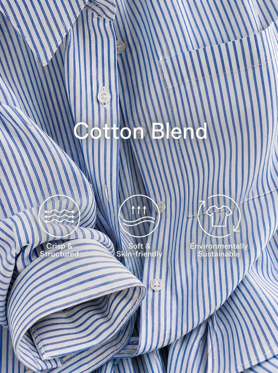 Women's Classic Commuter Blue White Cotton Blend Striped Pleated Pocket Button-Down Shirt
