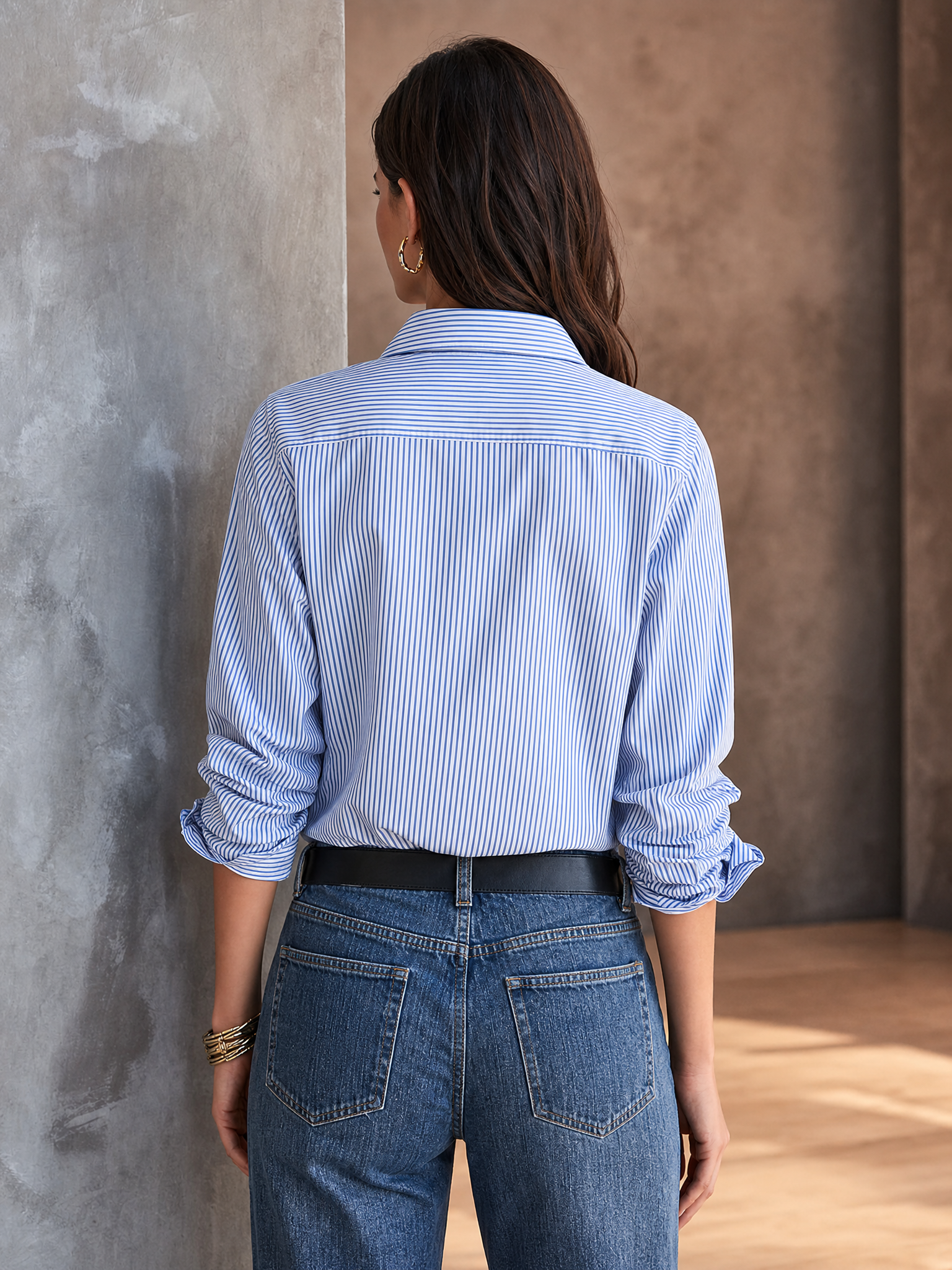 Women's Classic Commuter Blue White Cotton Blend Striped Pleated Pocket Button-Down Shirt