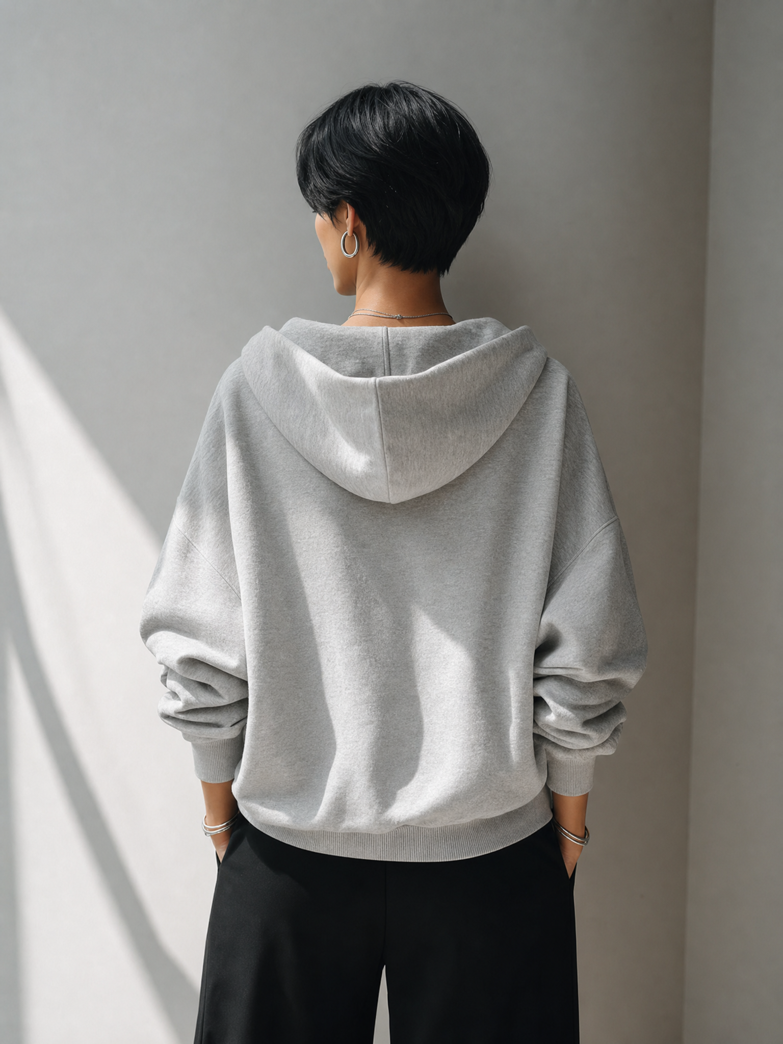 Women's Fashion Oversized Light Grey Zip-Up Hooded Sweatshirt Jacket