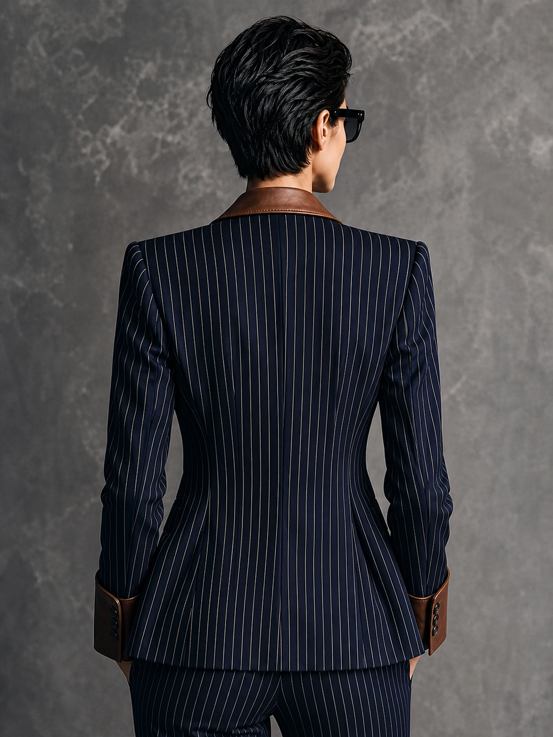 Women's Vintage-Style Navy Striped Cotton-Blend Blazer With Brown Leather-Look Contrast Collar