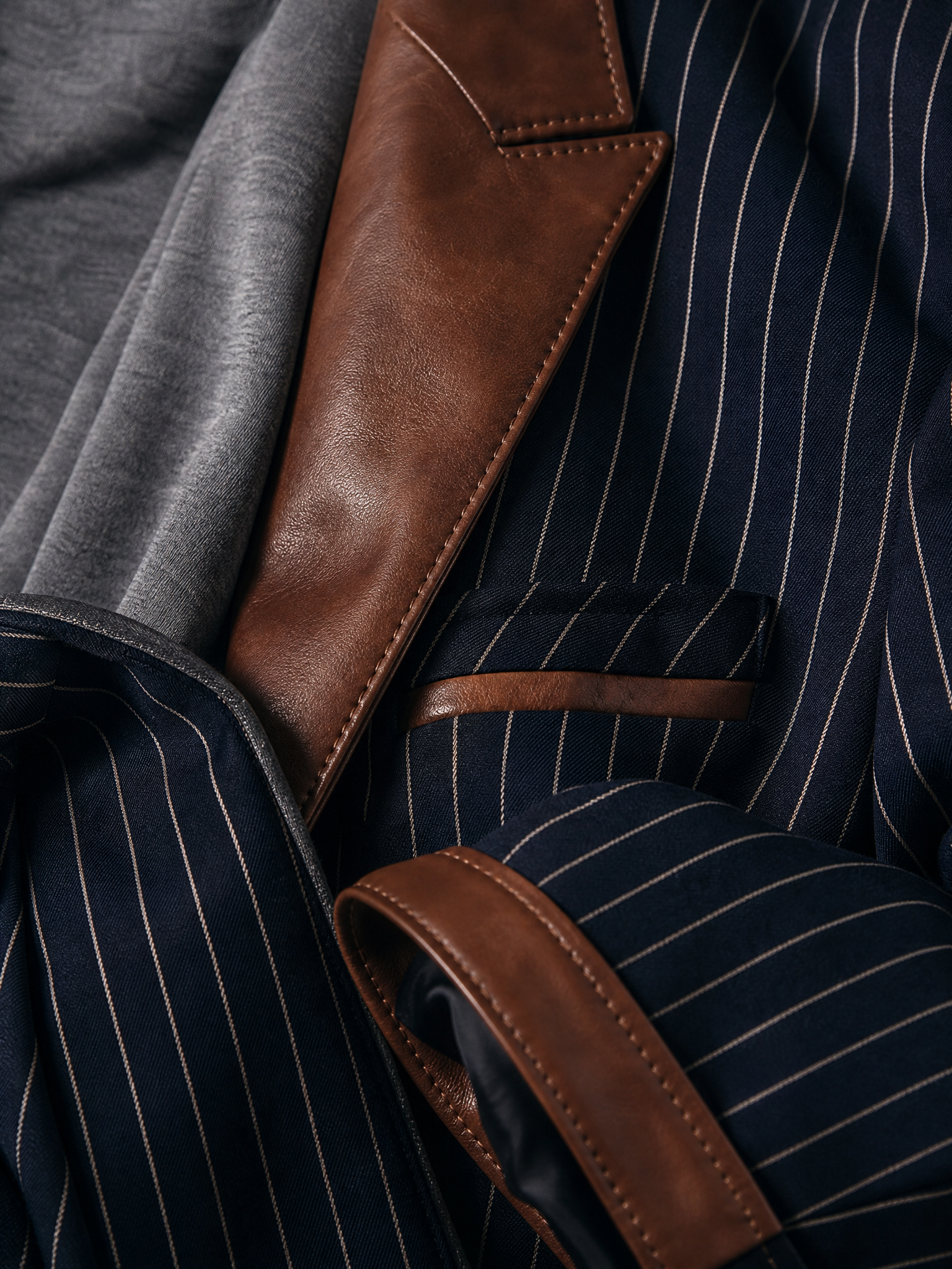 Women's Vintage-Style Navy Striped Cotton-Blend Blazer With Brown Leather-Look Contrast Collar