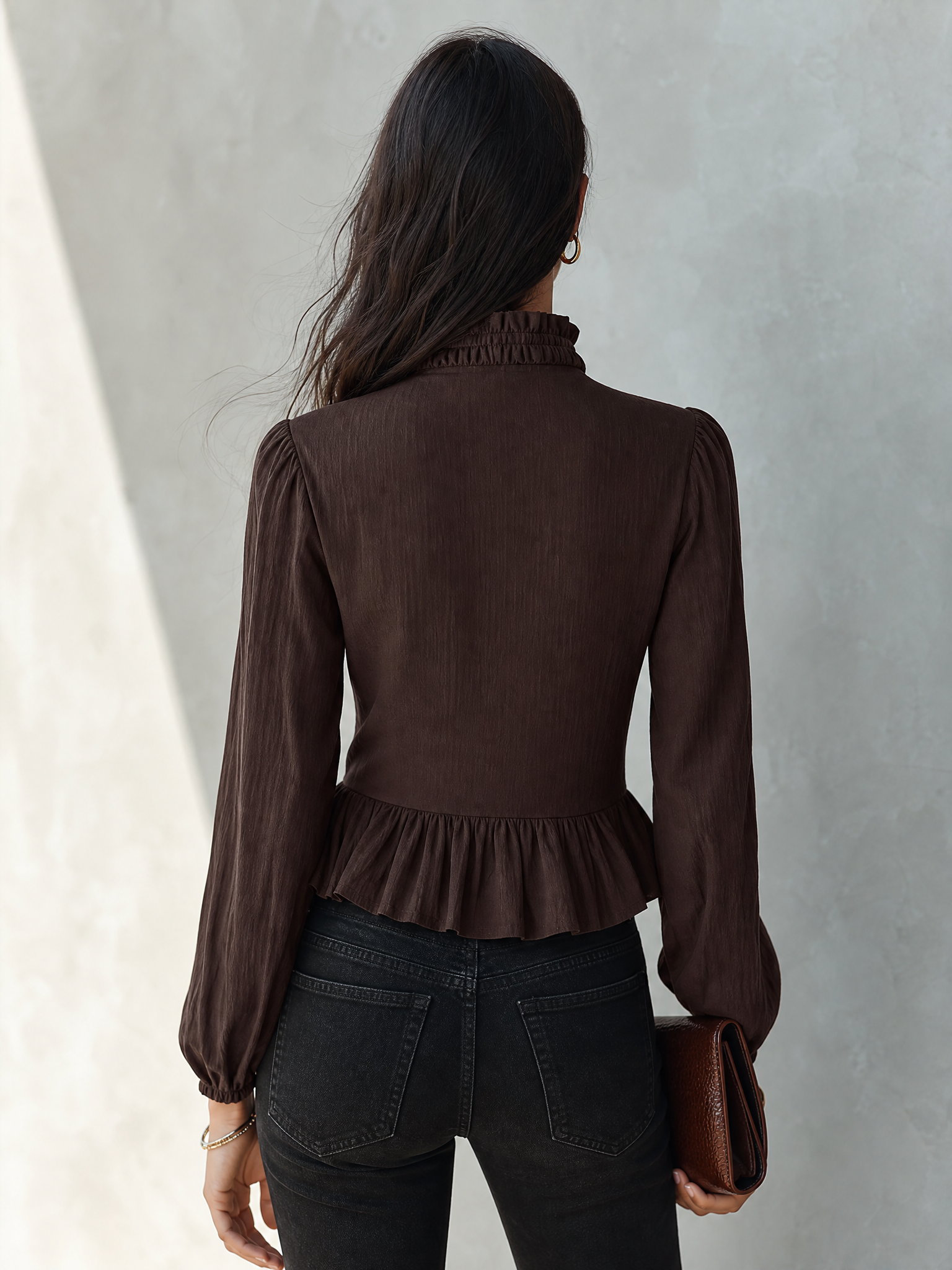 Women's Dark Brown Ruffled Stand Collar Long Sleeve Cropped Blouse