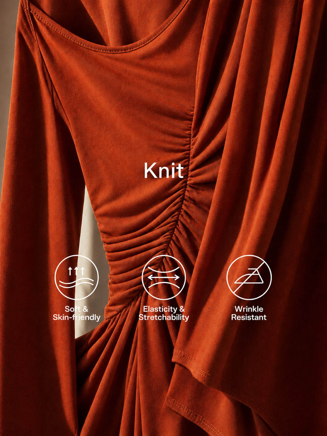 Women's Solid Rust-Red Asymmetric Ruched Long-Sleeve Maxi Dress MDZ2068G3ZRK