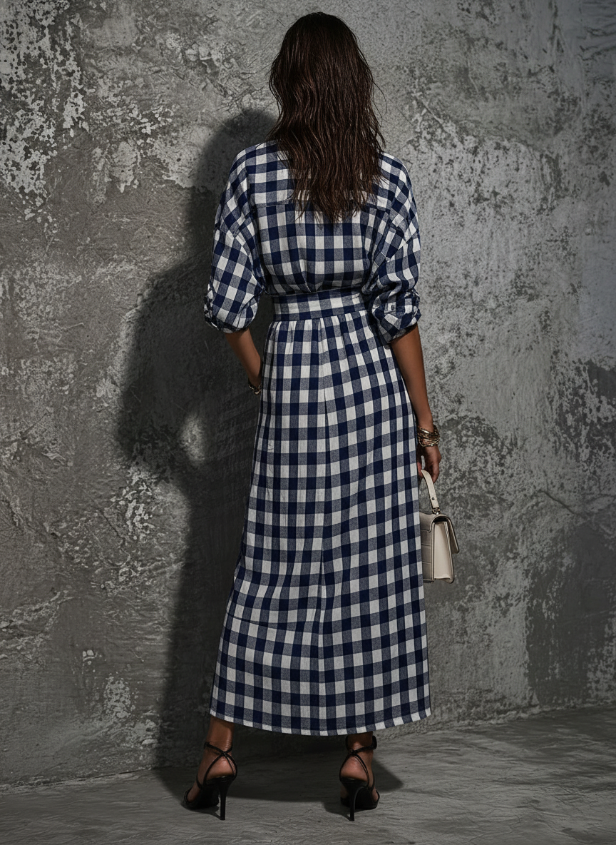 Women's Casual Commuter Style Blue And White Plaid Cotton Belted Front Slit Maxi Shirt Dress