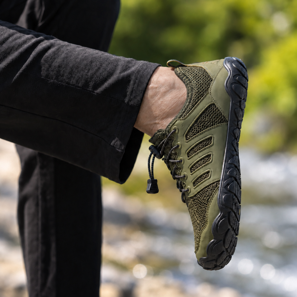 Customer holding an olive green Lurevela barefoot shoe in nature
