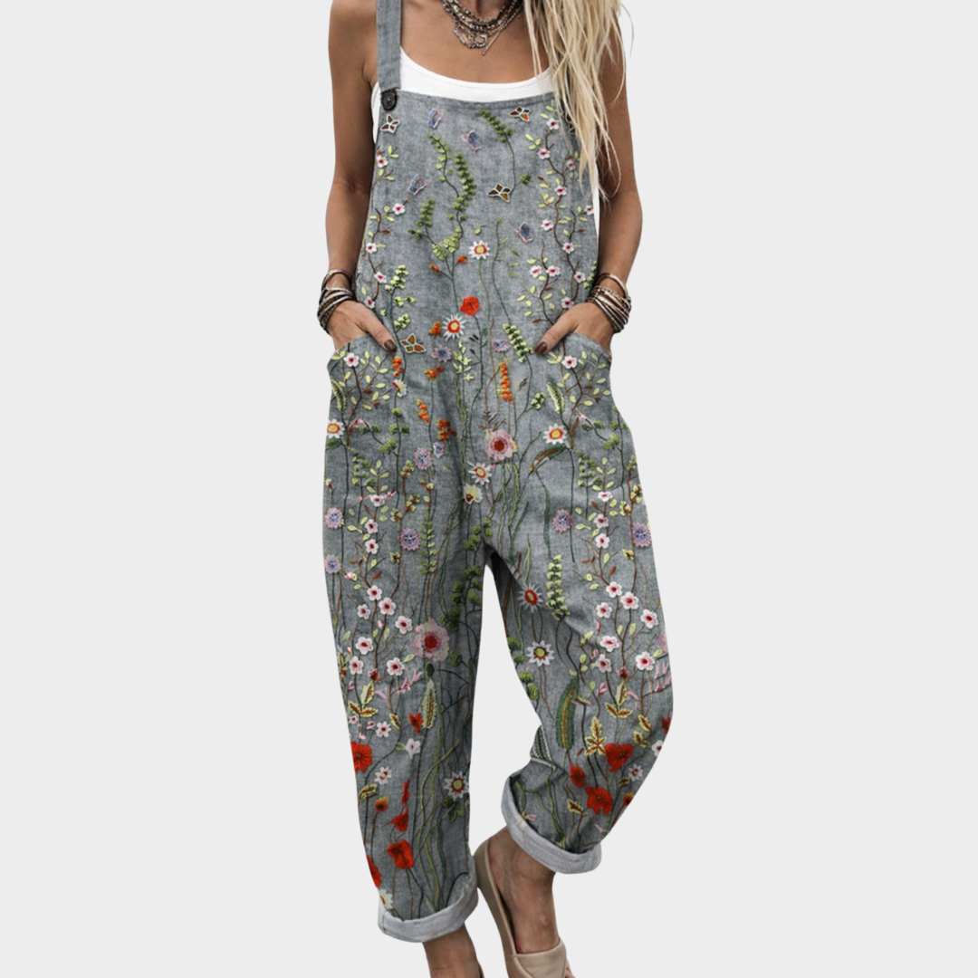 Elodie | Grey Floral Dungaree