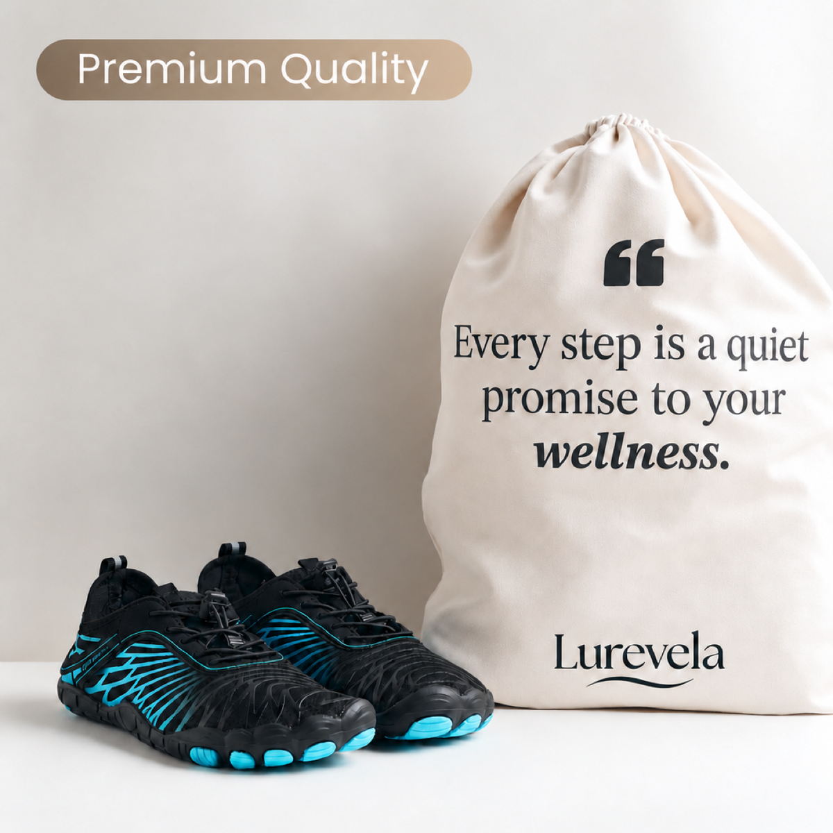 Turquoise Lurevela barefoot shoes beside a Lurevela drawstring bag