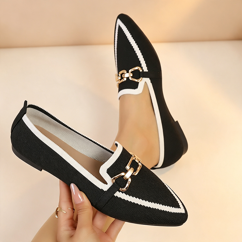 Helen | Pointed Metal Buckle Low-Cut Knitted Loafers