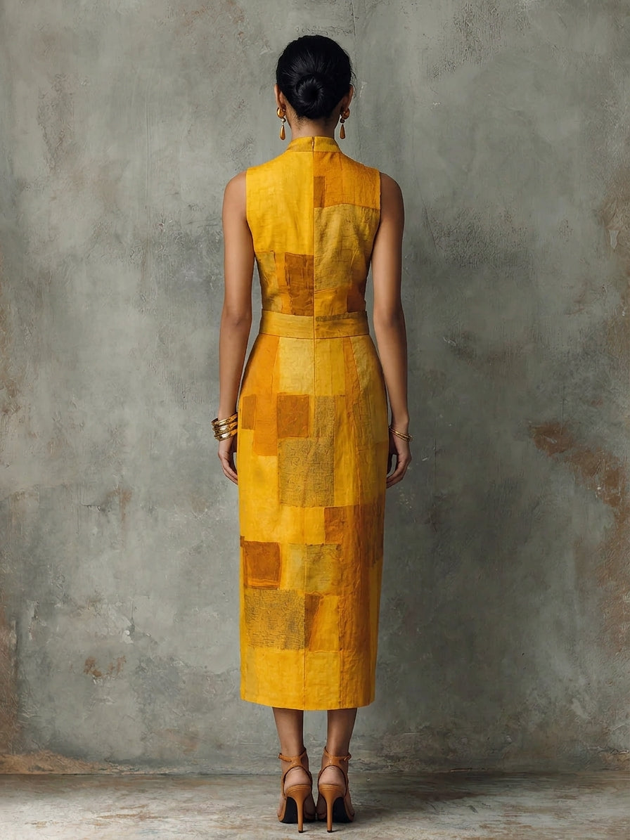 Women's French Aesthetic Style Turmeric Cotton Blend Mock Neck Sleeveless Block Print Midi Dress MDZ3029F9GMJ