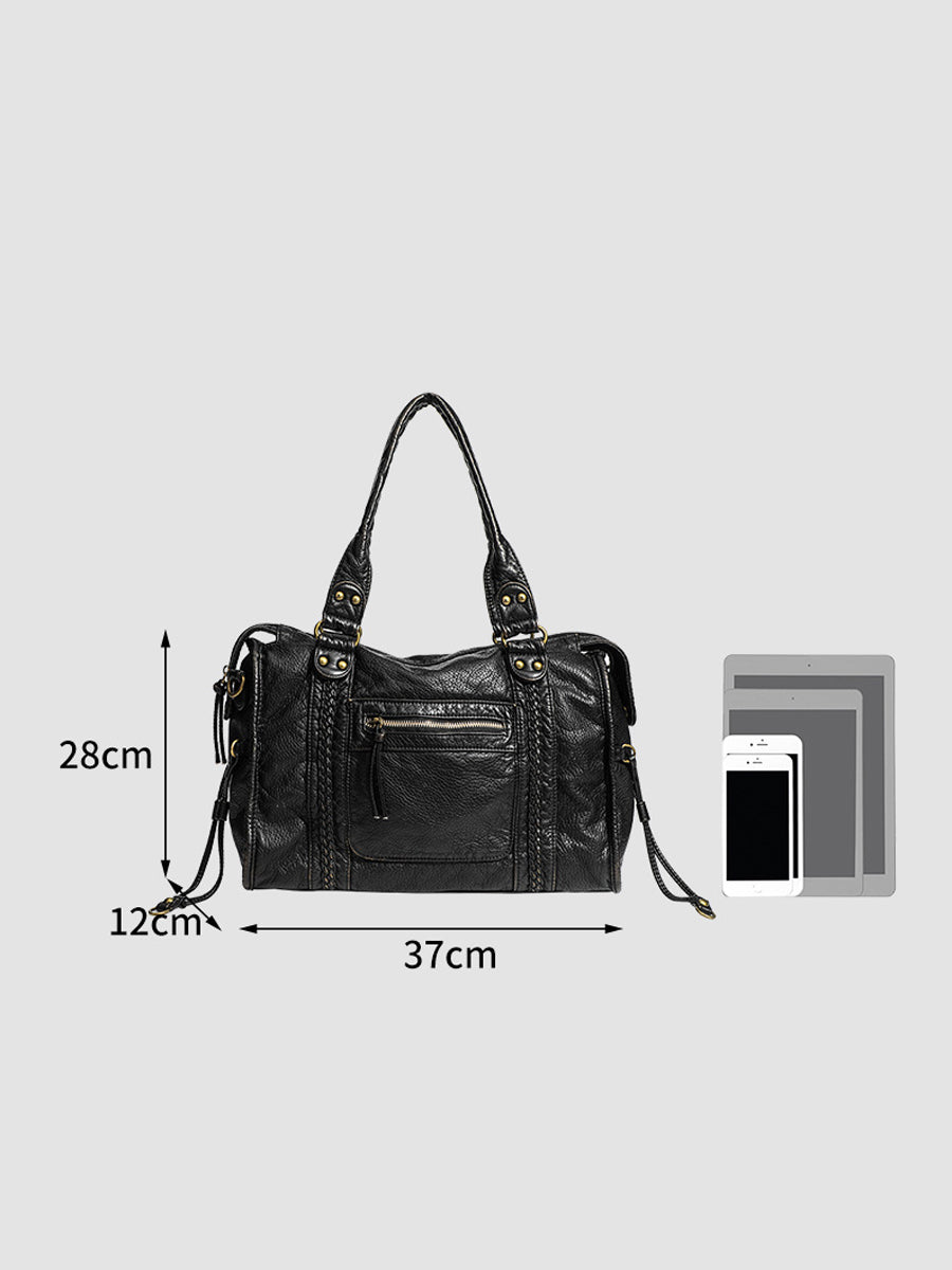 Women's Fashionable Distressed Multi-pocket Leather Handbag MDA0889H1Y