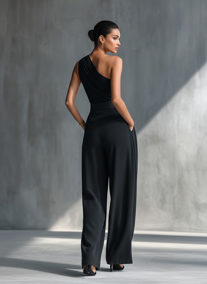 Women's Black Draped Wide-Leg Trousers MDZ2483B4T