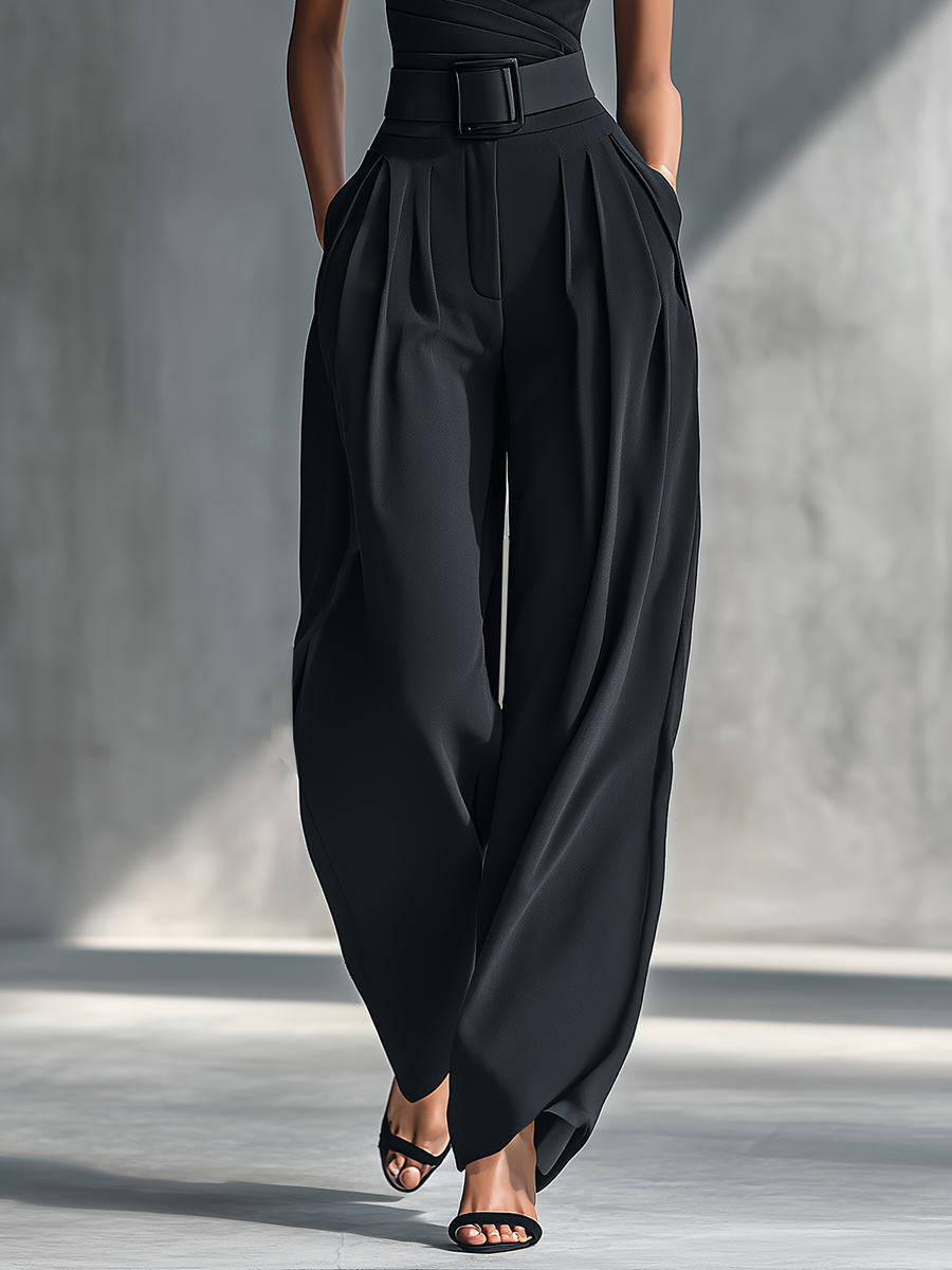 Women's Black Draped Wide-Leg Trousers MDZ2483B4T