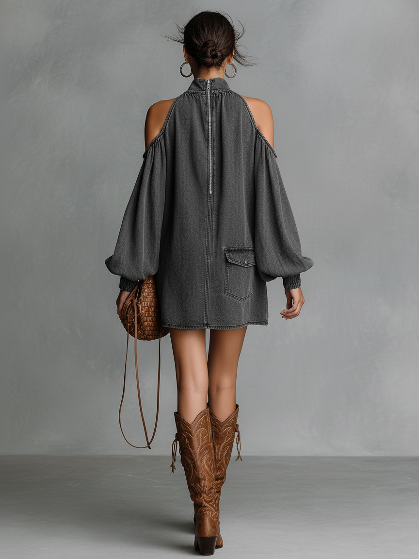 Women's Minimalist Washed Denim Off-the-shoulder Mini Dress MDA1791L3Y