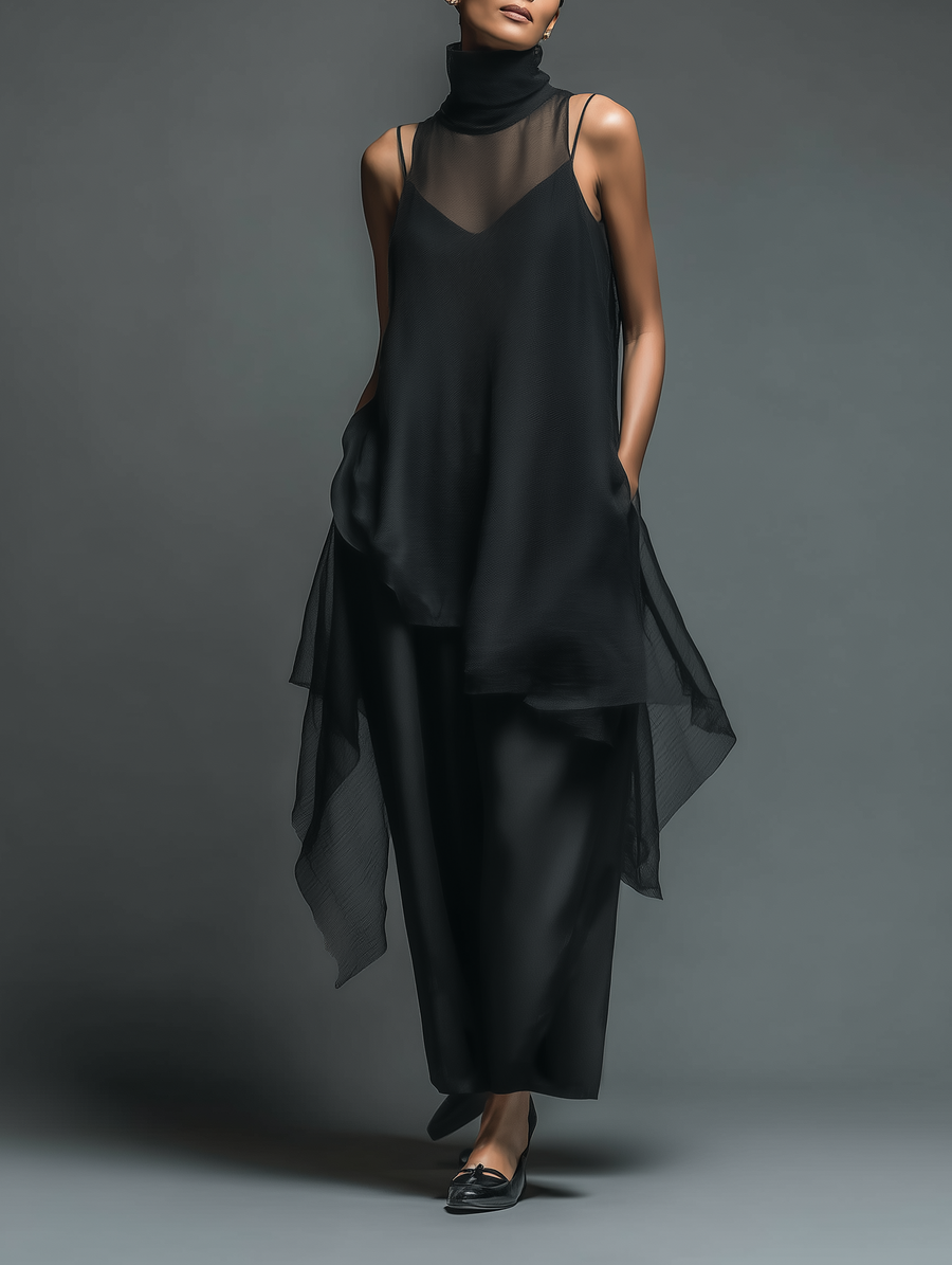 Women's Minimalist Imitation Acetate Slip Dress Paired With A Chiffon Overlay Maxi Dress MDZ2702A3Y