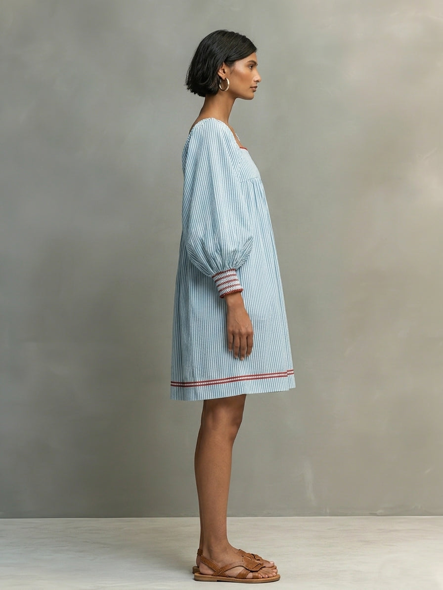 Women's Two-way Wear Design Minimalist Striped Mini Dress Featuring Red-trimmed Lantern Sleeves MDZ3068F5WY