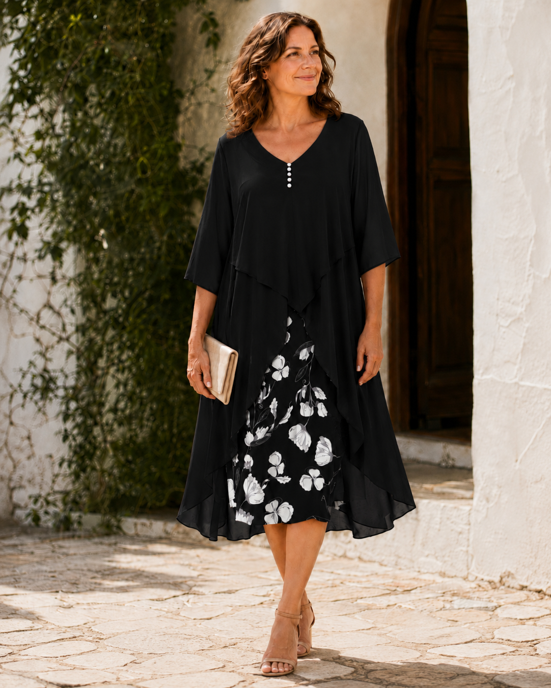 Theodora | Elegant Layered Floral Detail Dress