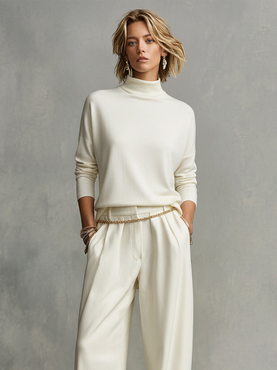 Women's Cream Tailored Wide-Leg Pants with Draped Silhouette & Belt Loops, Contemporary Effortless-Chic Style Pants MDA1509K4I