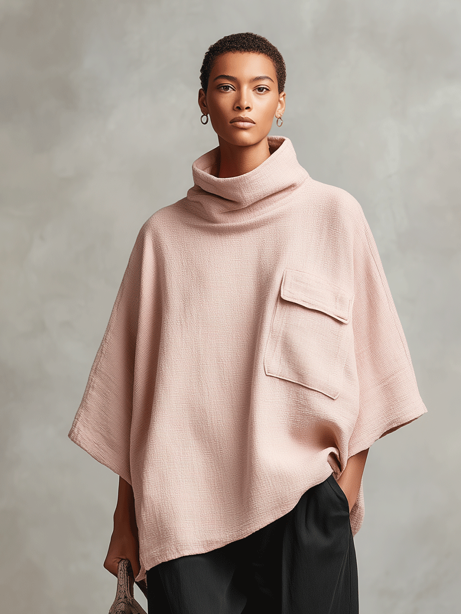 Women's Dusty Pink Woven Poncho Top with Cowl Neck & Patch Pocket, Modern Effortless-Chic Pullover