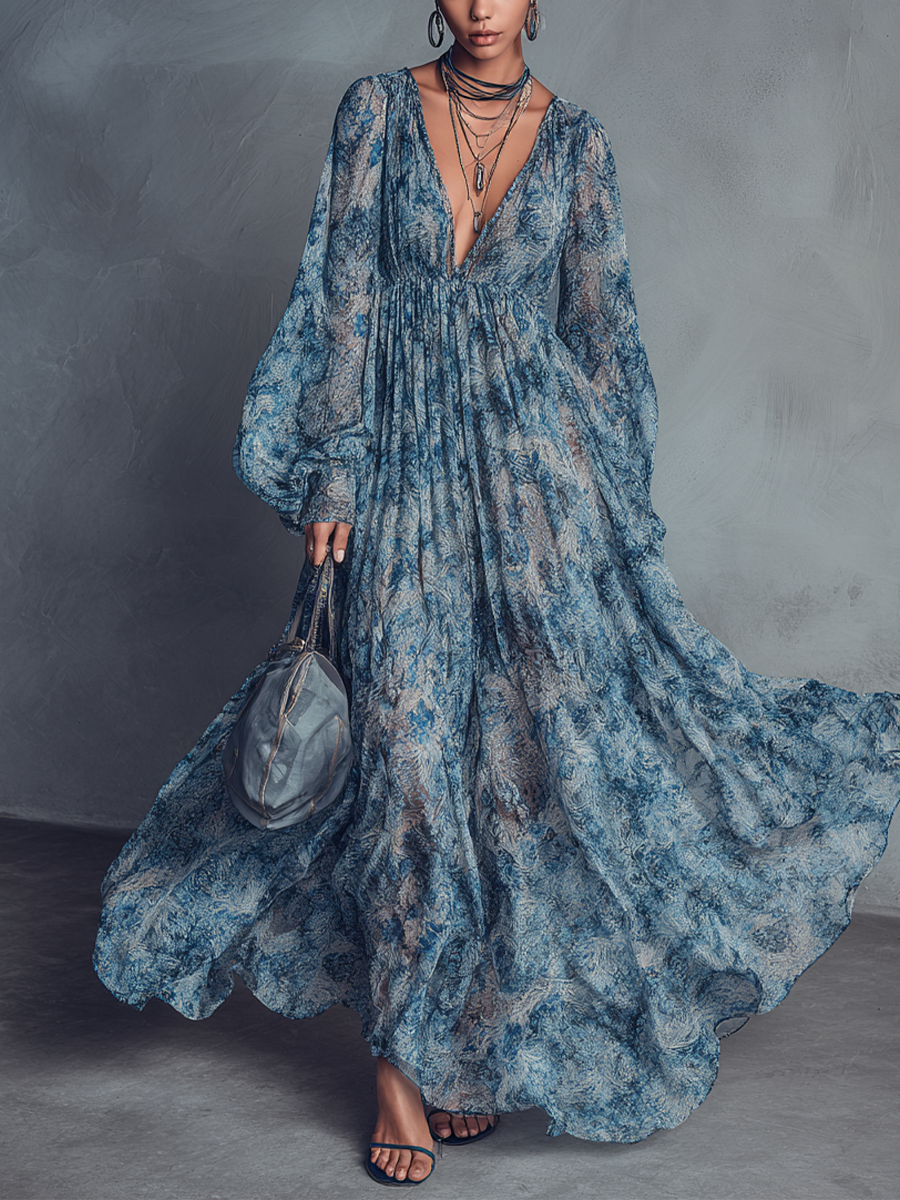 Women's Bohemian Style Blue Floral Print V-Neck Lantern Sleeve Chiffon Maxi Dress MDZ1067B8BA