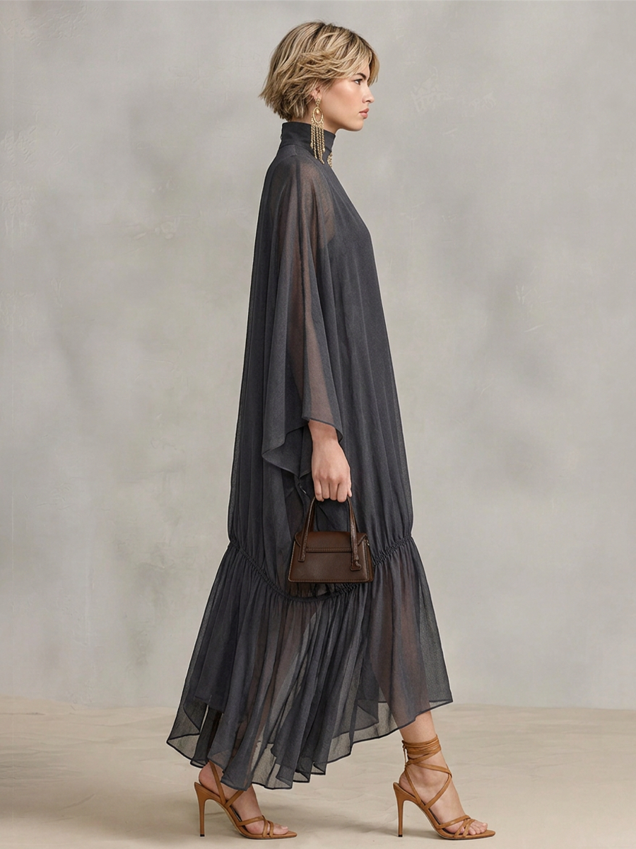 Women's Dark Gray Sheer Chiffon Maxi Dress With Turtleneck Cape Batwing Sleeves & Ruched Ruffle Hem, Minimalist Elegant Oversized Flowy Maxi Dress