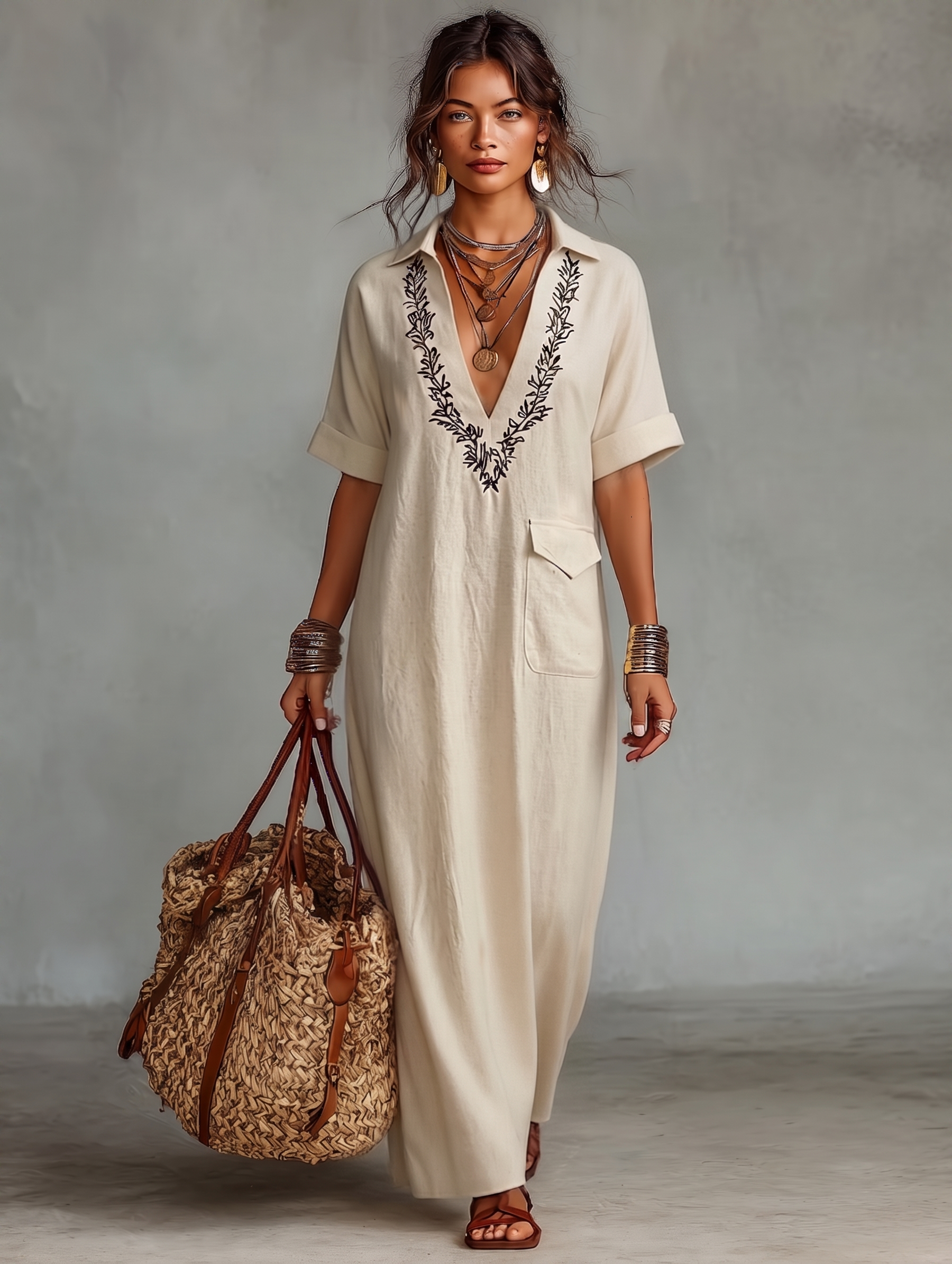 Women's Minimalist Linen Blend Embroidered Short-sleeved Shirt Maxi Dress MDZ0600A1Y