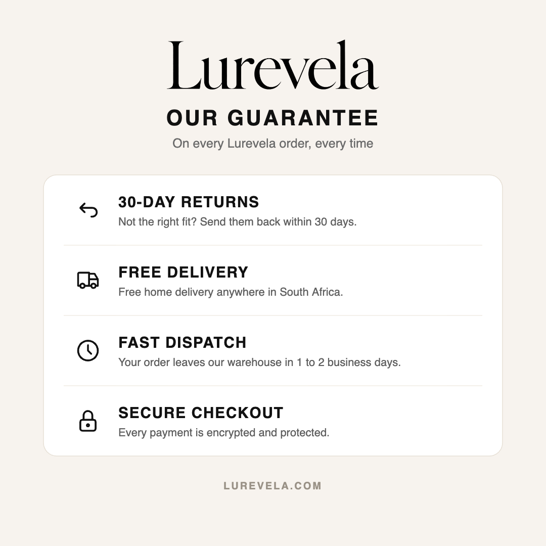 Lurevela guarantee: 30-day returns, free delivery in South Africa, dispatch in 1 to 2 business days, secure checkout