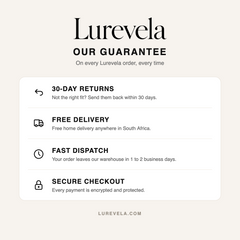 Lurevela guarantee: 30-day returns, free delivery in South Africa, dispatch in 1 to 2 business days, secure checkout