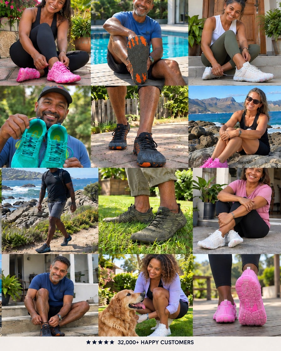32,000+ happy customers wearing Lurevela barefoot shoes outdoors