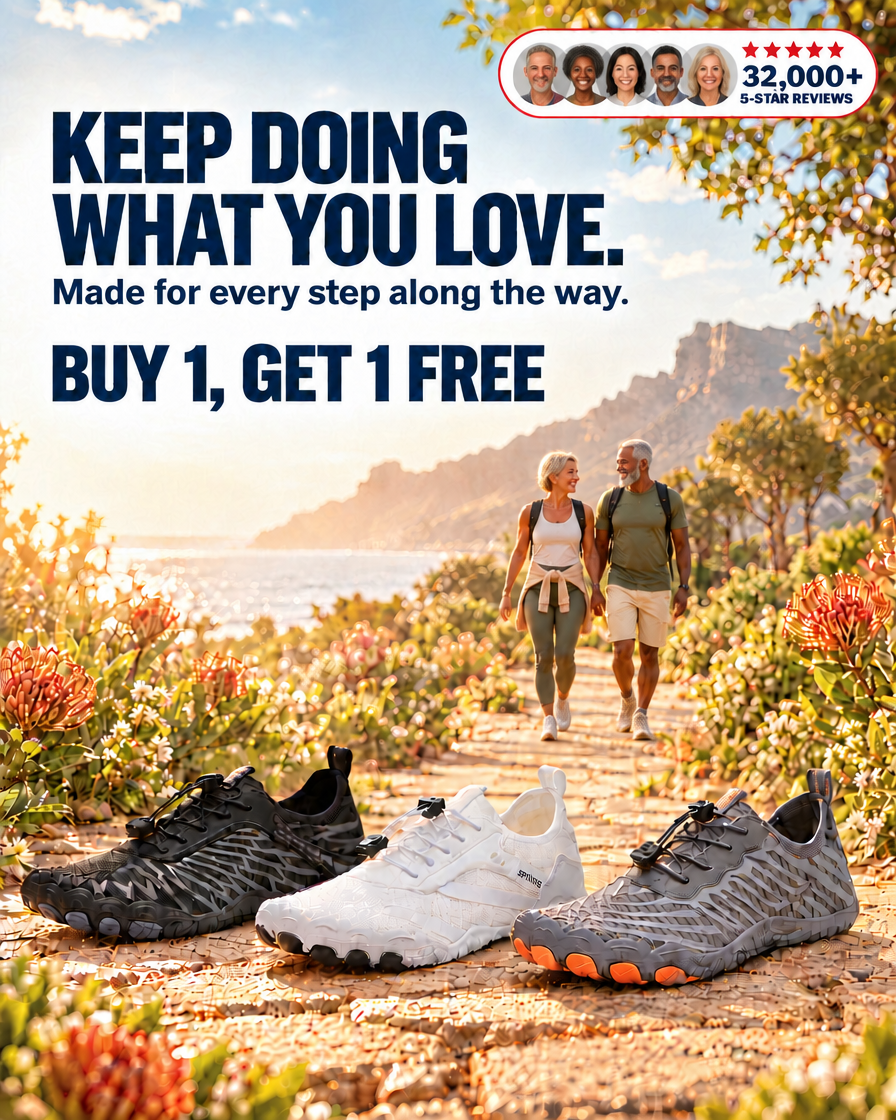Couple walking a coastal path in Lurevela barefoot shoes - buy 1 get 1 free