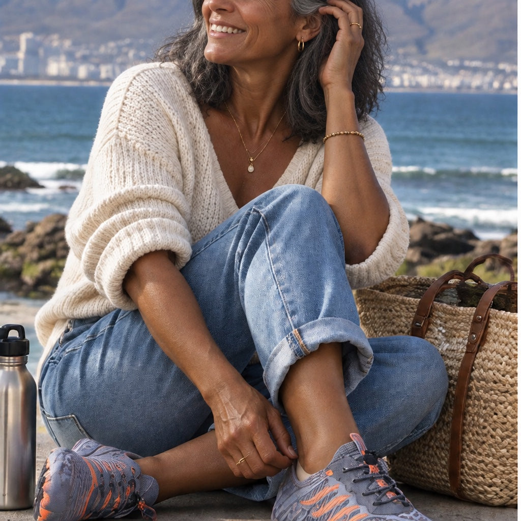 Customer in barefoot shoes sitting by the coast
