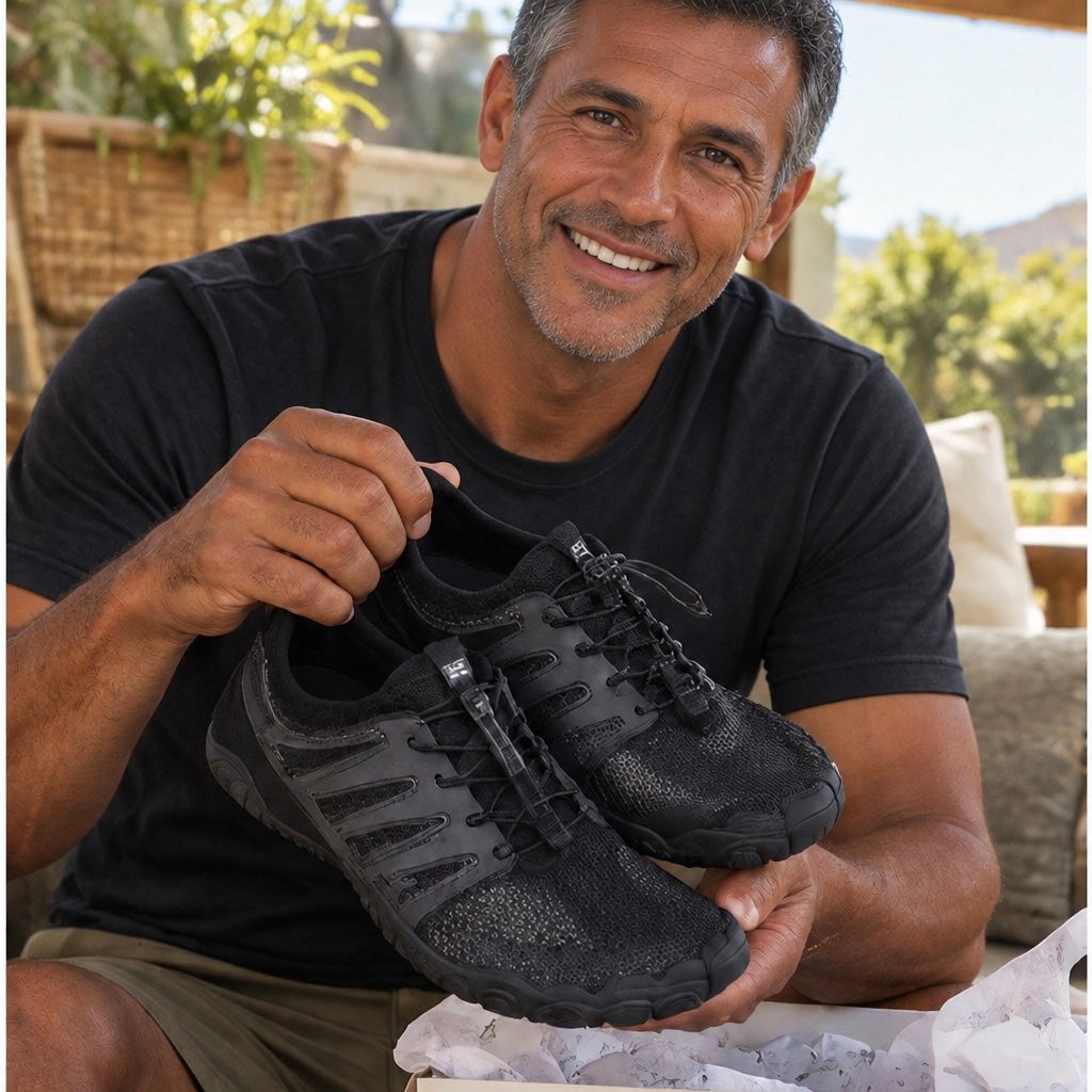 Customer holding black barefoot shoes beside the shoe box