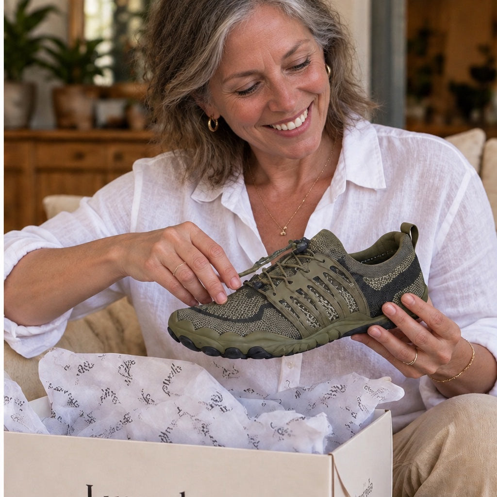 Customer holding olive green barefoot shoes at home