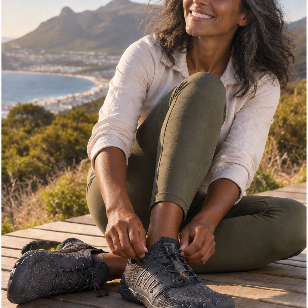 Customer lacing dark grey barefoot shoes on a coastal walk