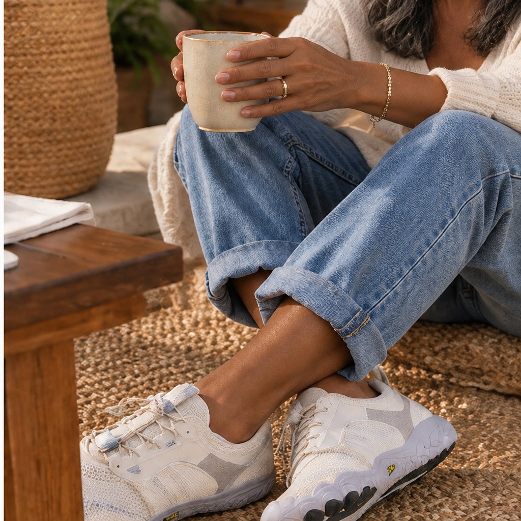 Customer wearing white barefoot shoes at home with a coffee