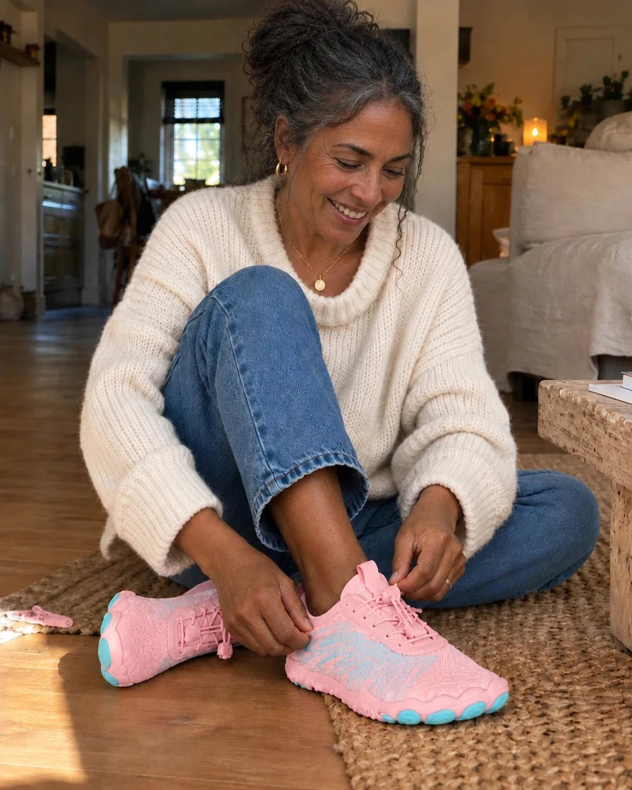 Customer putting on pink Lurevela barefoot shoes at home