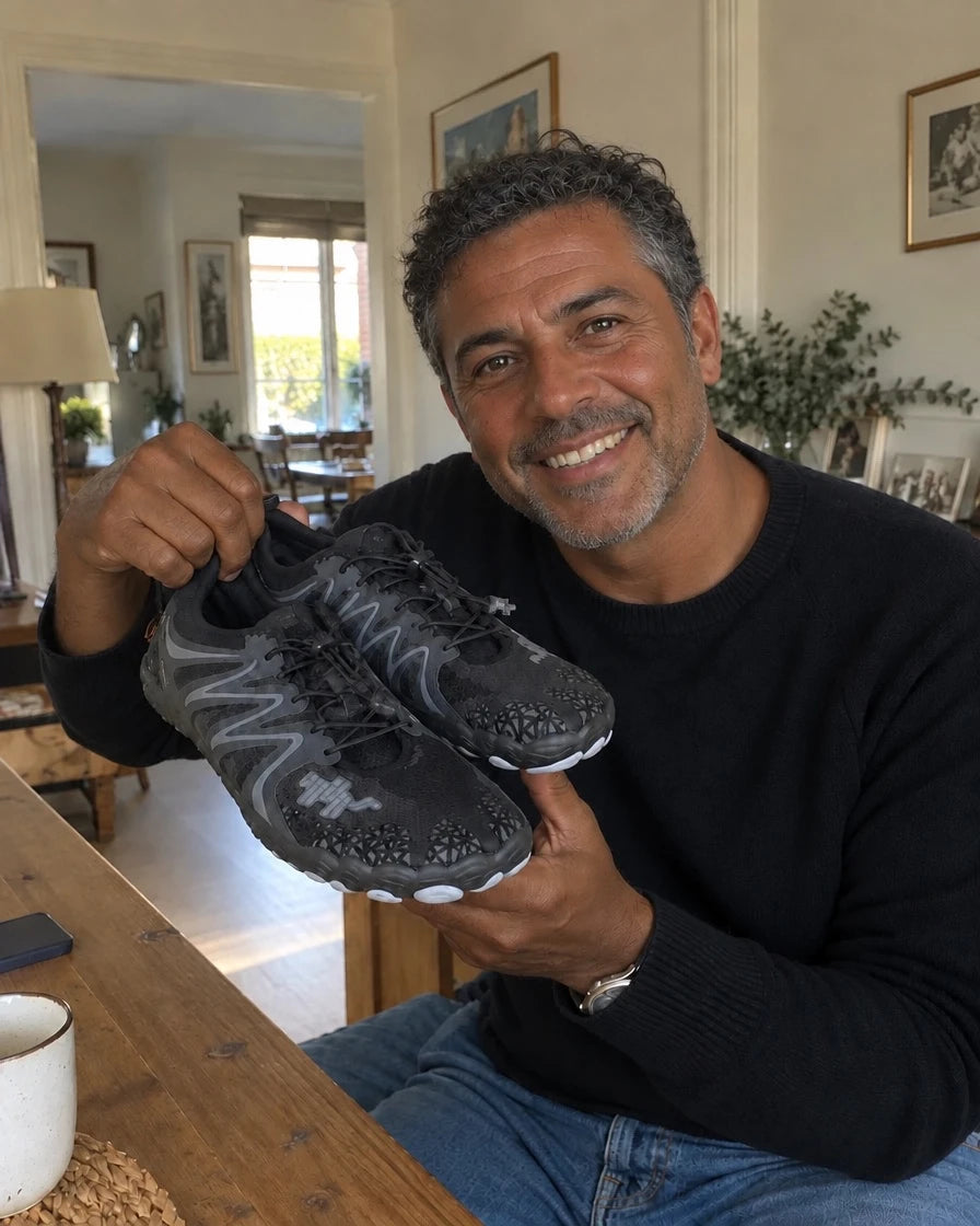 Customer holding black Lurevela barefoot shoes at a table