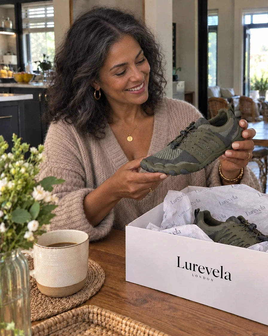 Customer unboxing olive Lurevela barefoot shoes