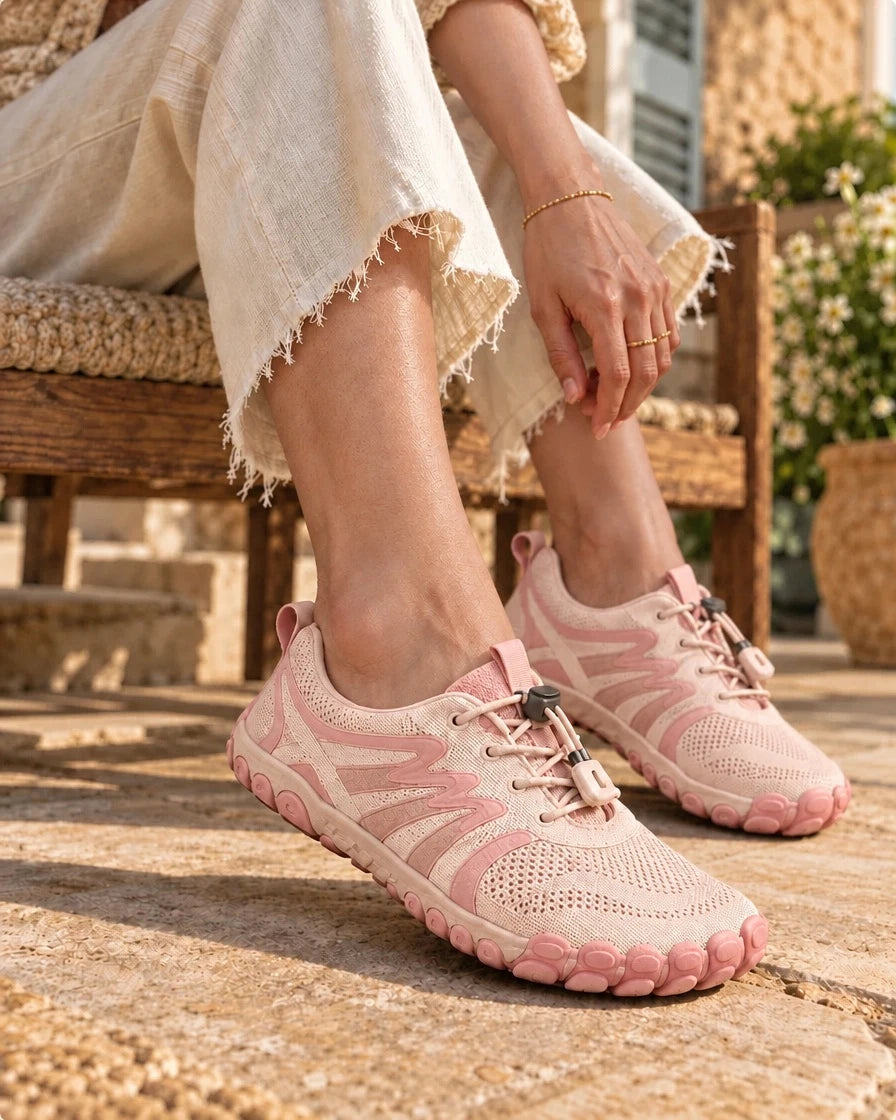 Pink and cream Lurevela barefoot shoes on a sunlit terrace