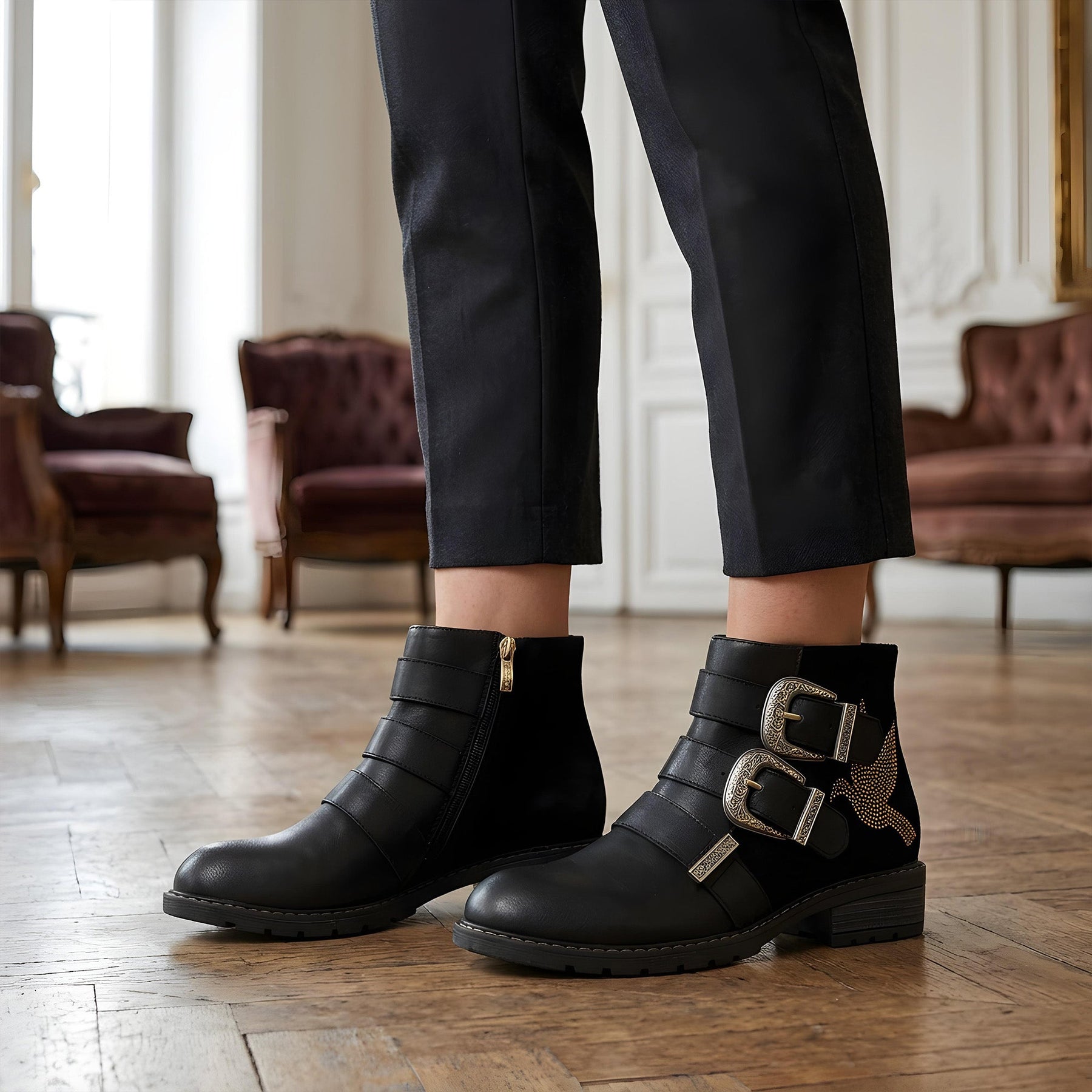 Golden Dove Buckle Chic Ankle Boots