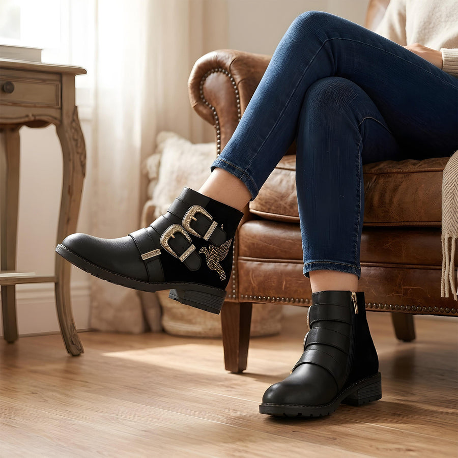 Golden Dove Buckle Chic Ankle Boots