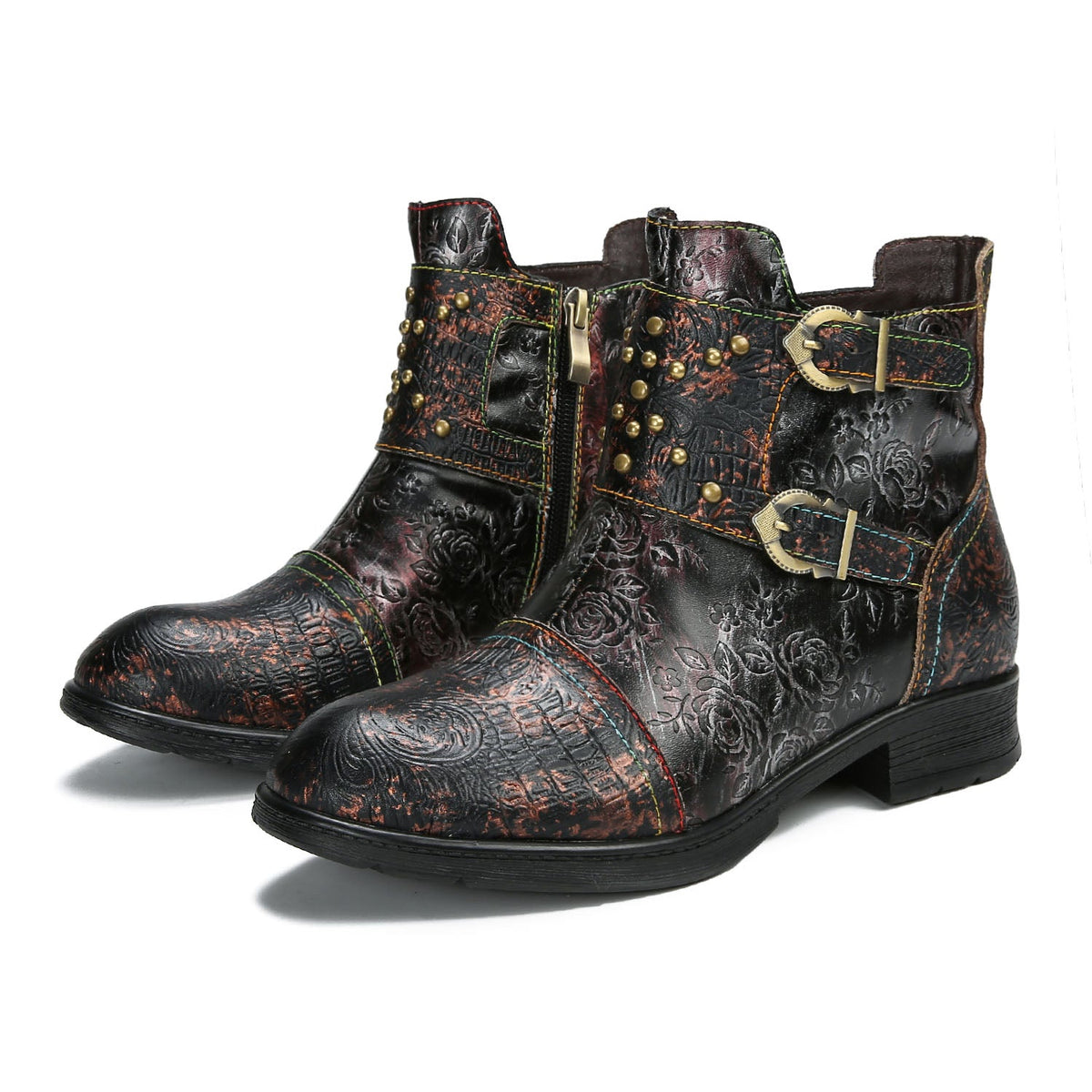 VINTAGE HANDMADE EMBOSSED ROSE FLAT BOOTS