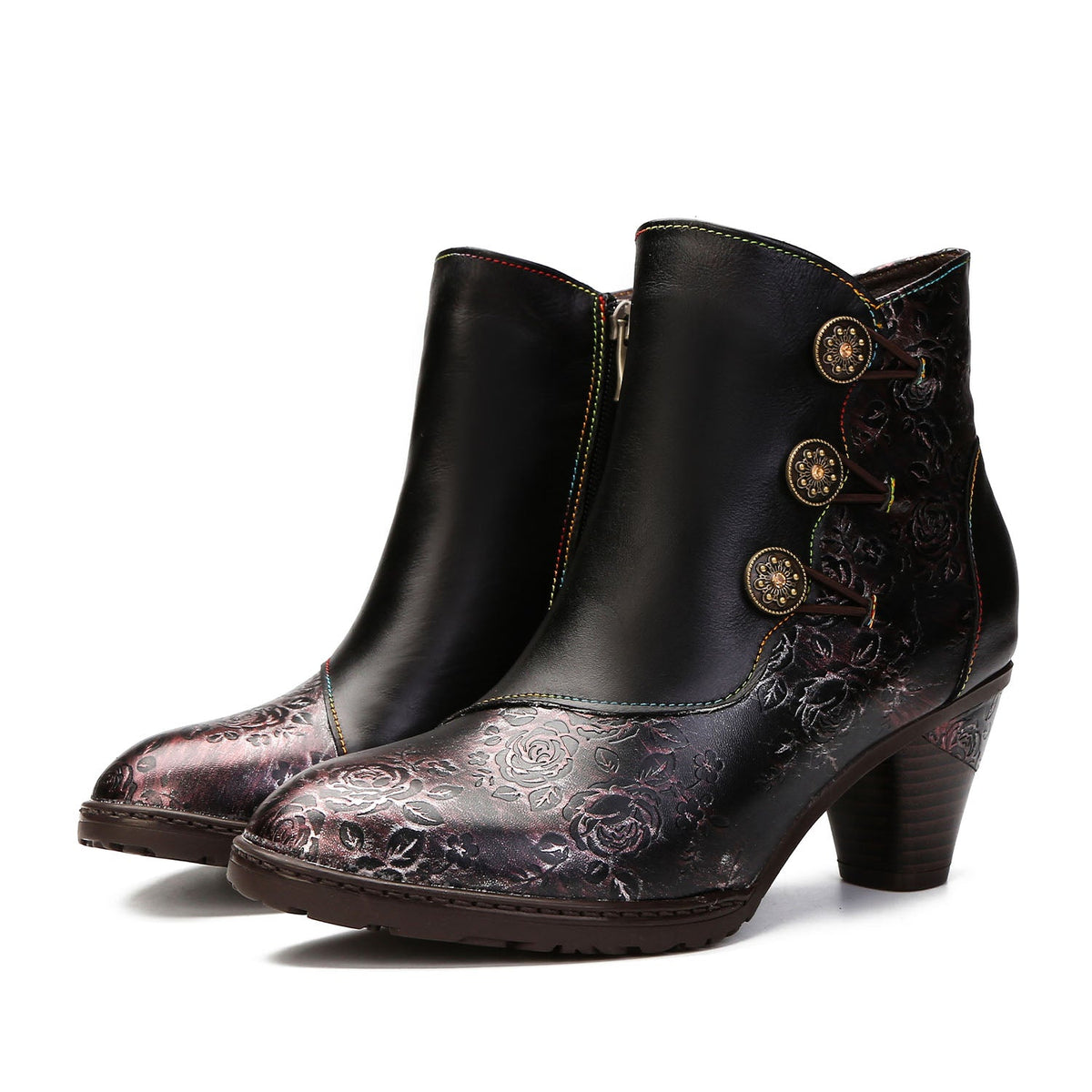 RETRO HANDMADE FLORAL STITCHING BUTTON BOOTS