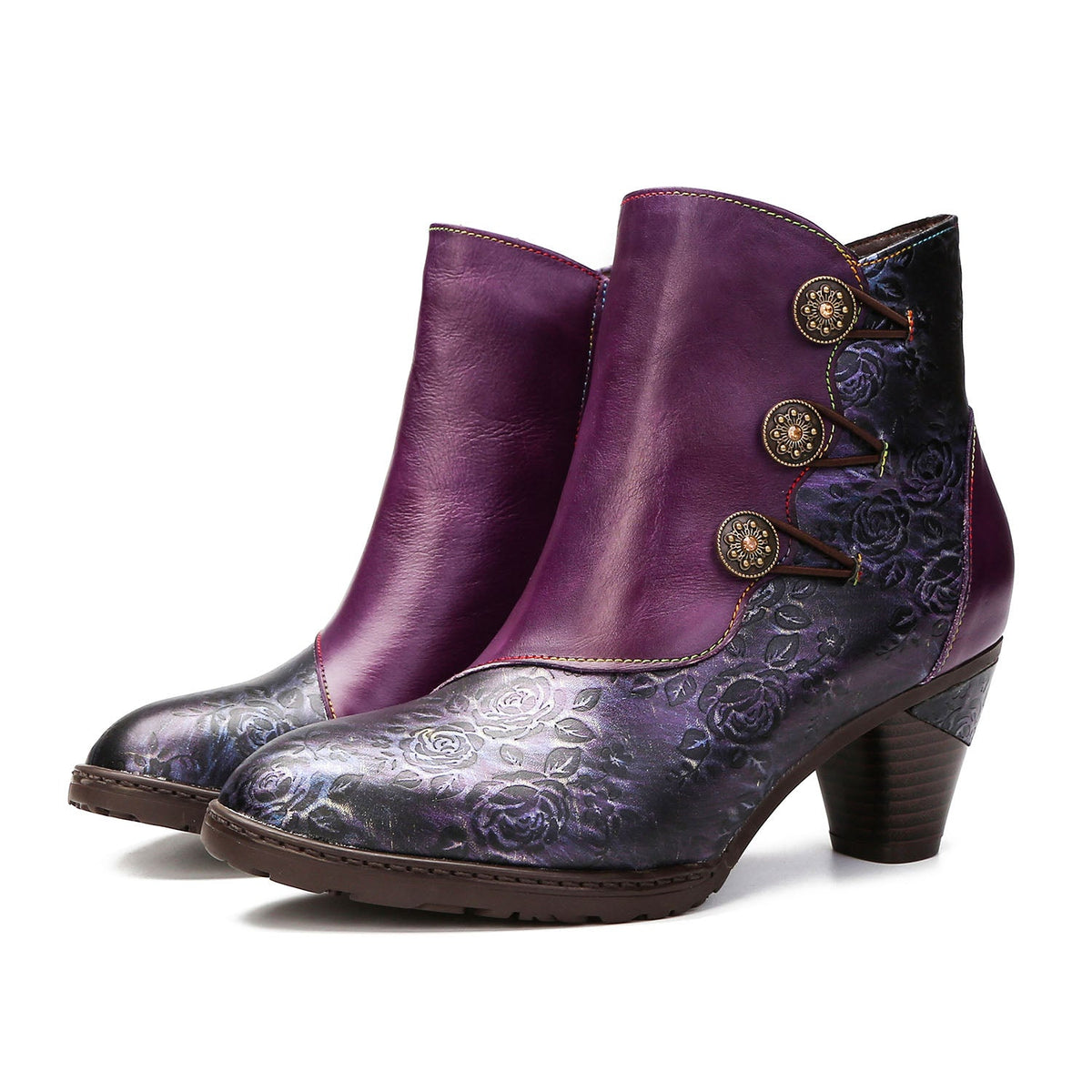RETRO HANDMADE FLORAL STITCHING BUTTON BOOTS
