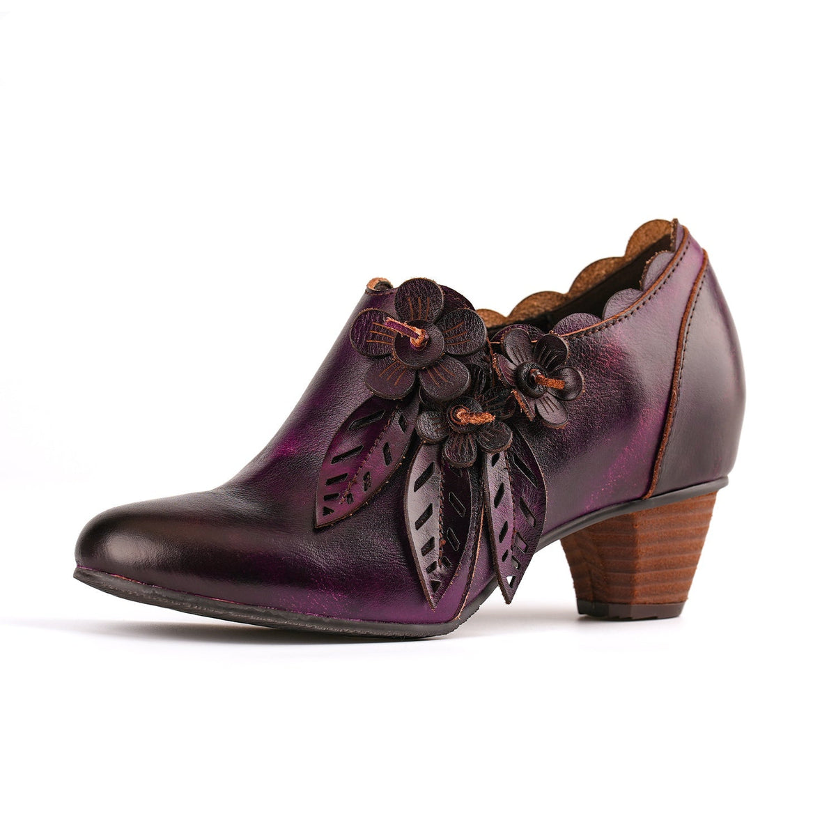 RETRO HANDMADE FLORAL LEATHER LOW-HEEL PUMPS