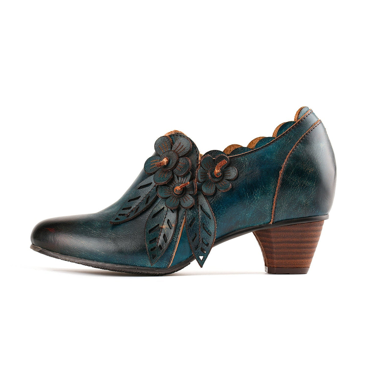 RETRO HANDMADE FLORAL LEATHER LOW-HEEL PUMPS