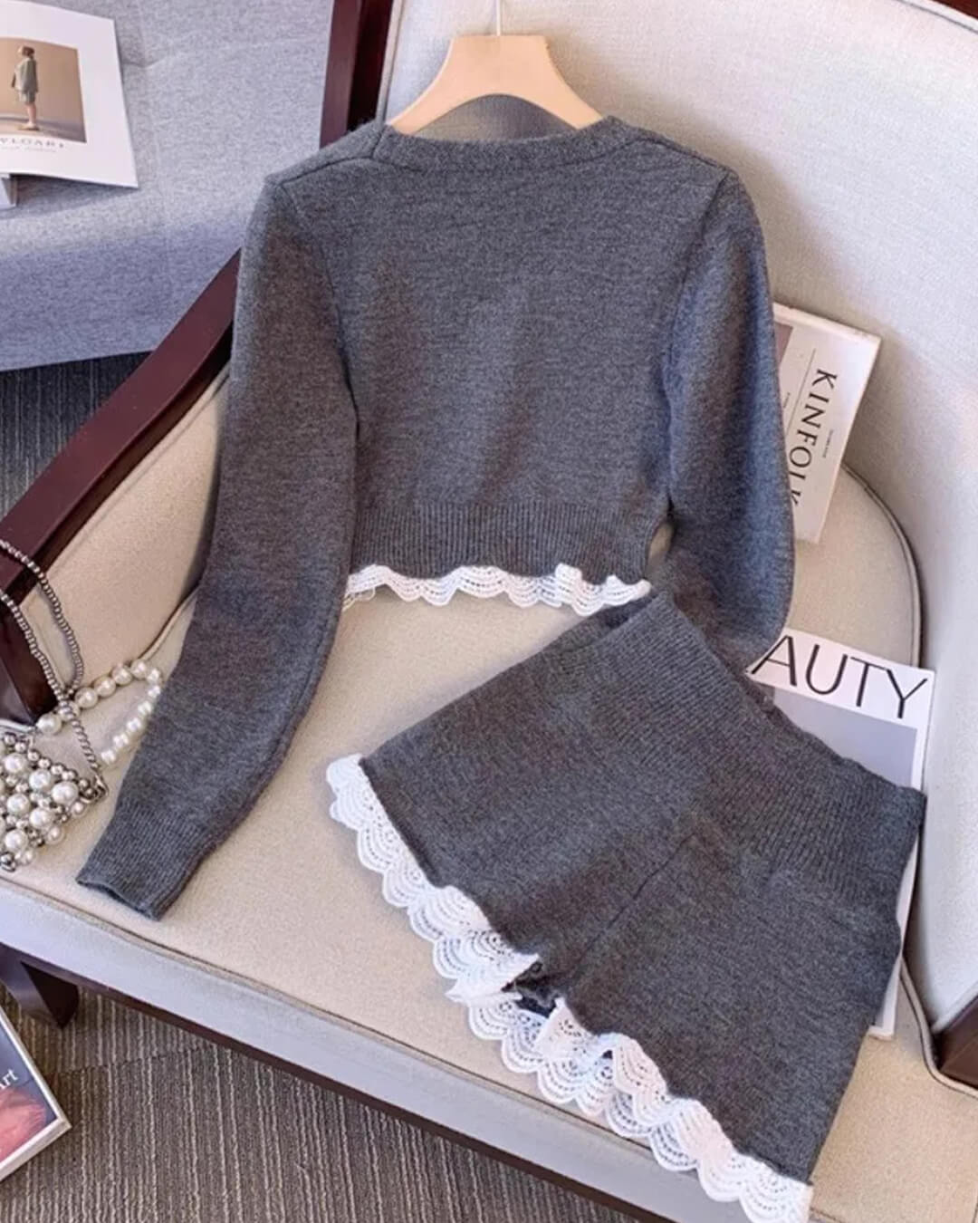 Veronica | Lace Trim Cardigan Short Set